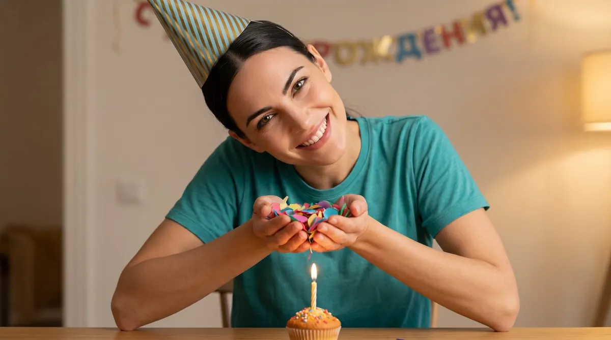 Описание для праздничного фото: ироничный кадр с конусом и капкейком