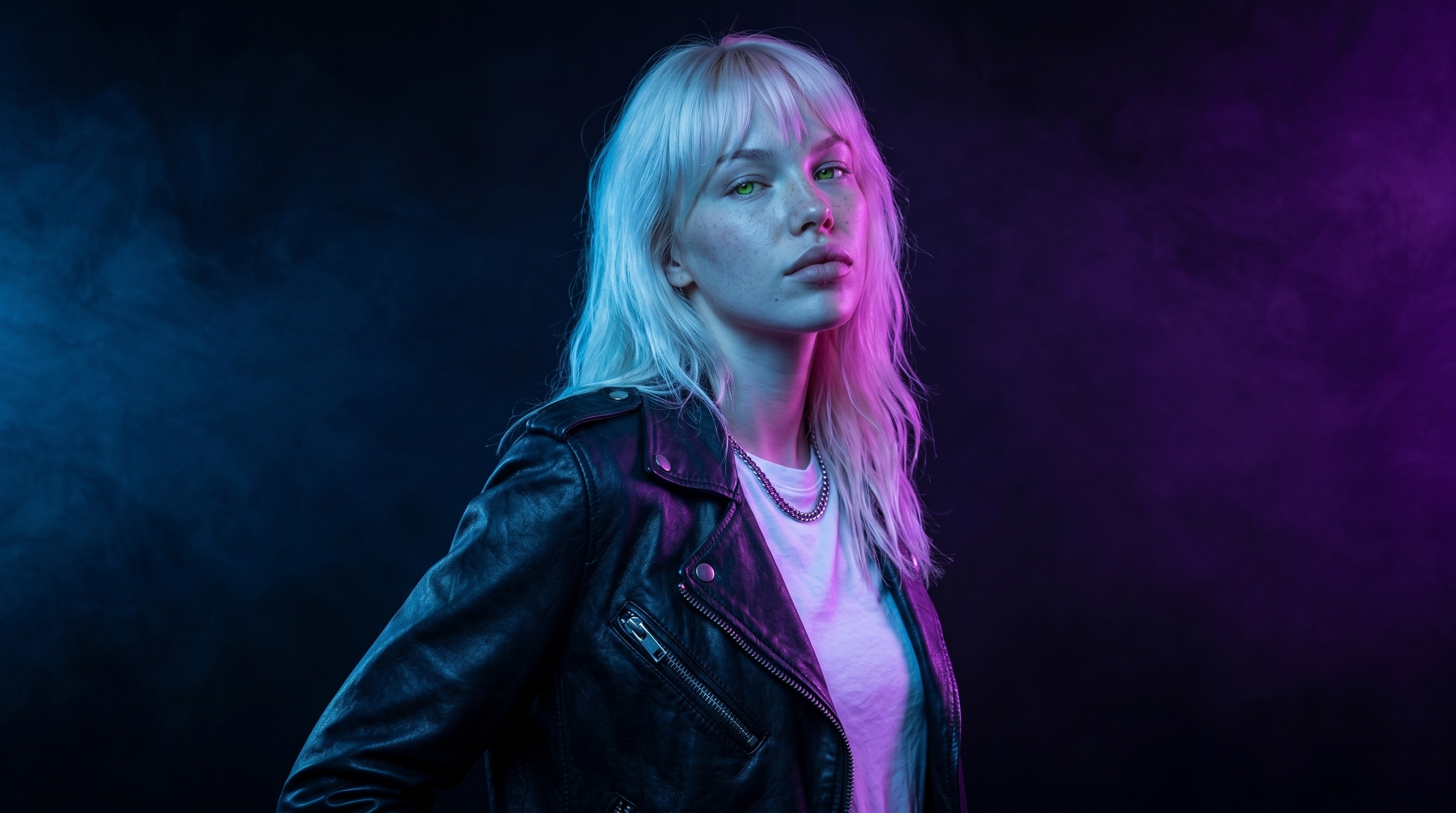 Студийный портрет с неоновой подсветкой — синий и фиолетовый свет на чёрном фоне