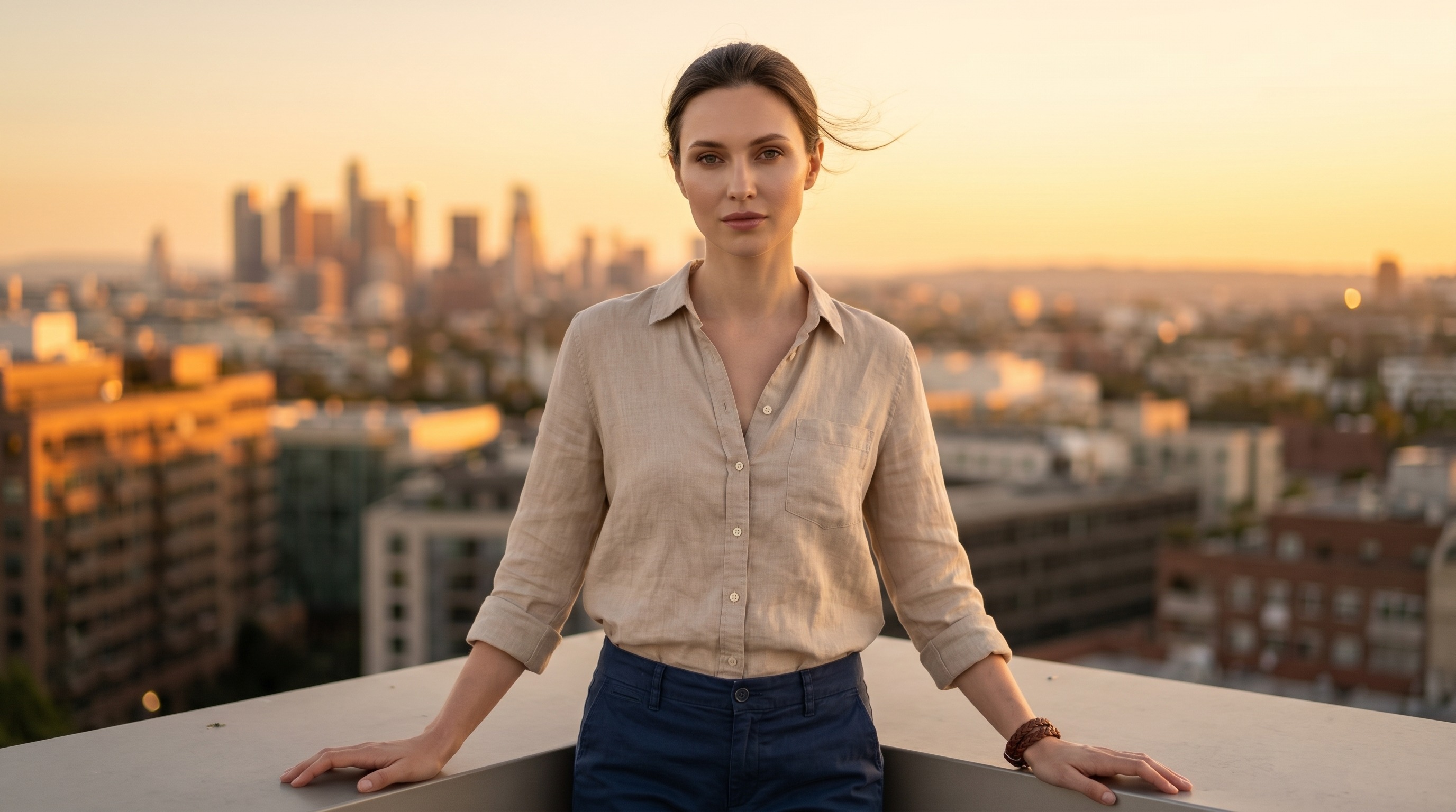 Мужской портрет на крыше на закате в стиле casual