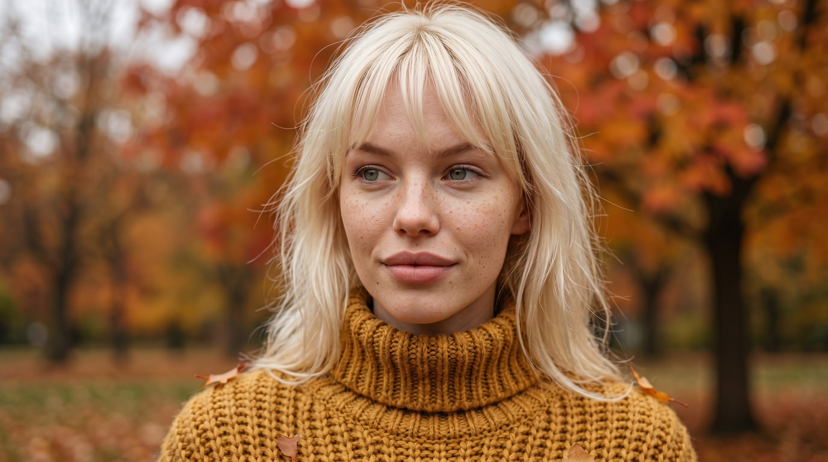 Крупный портрет в горчичном свитере на фоне осенней листвы