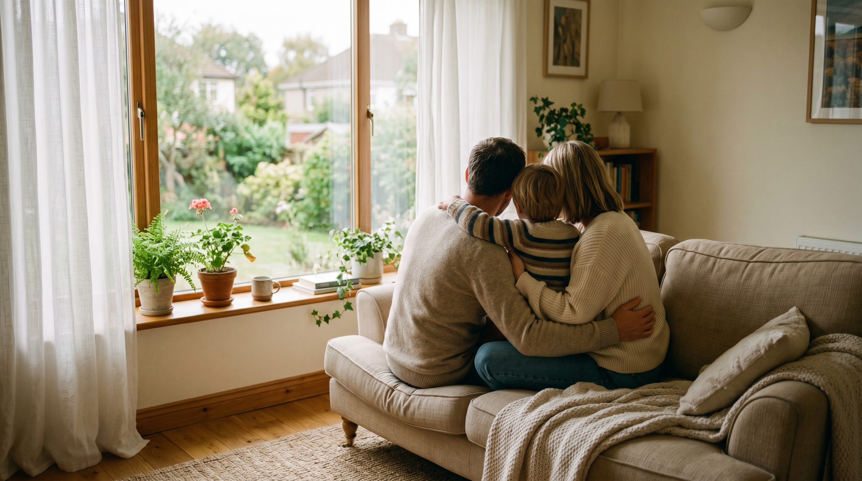 Новогодняя семейная фотосессия с двумя детьми у ёлки в вечернем свете