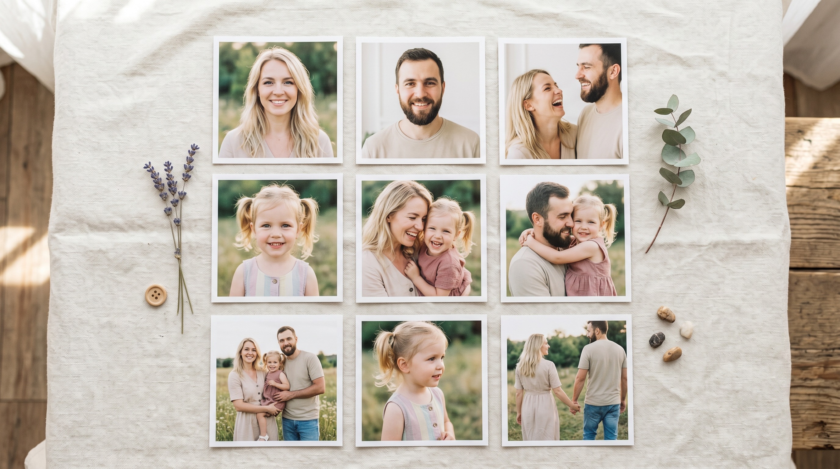 Референсные снимки родителей и ребёнка для семейной ИИ-фотосессии на светлом фоне