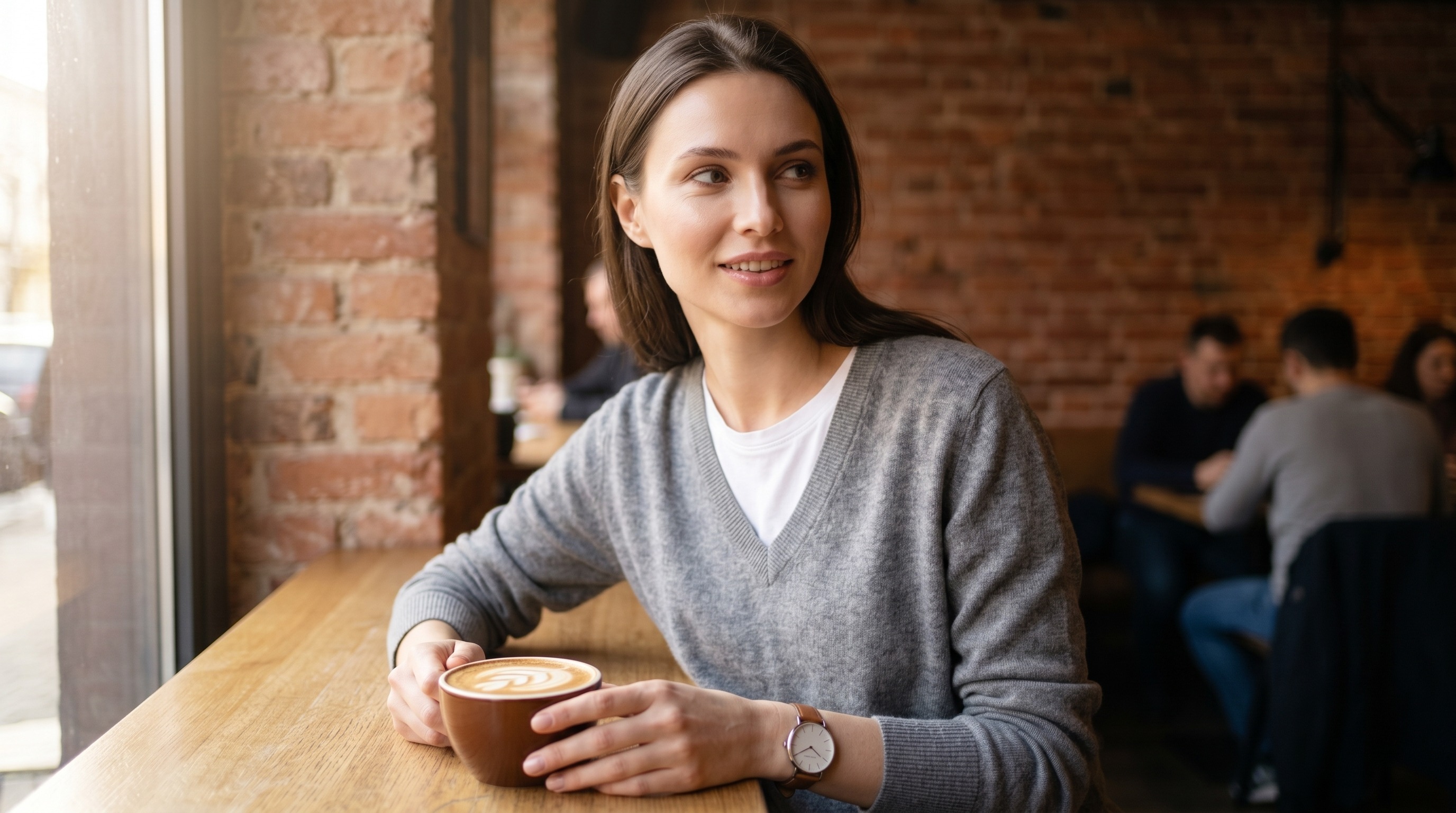 Мужской casual-портрет в кофейне с тёплым светом