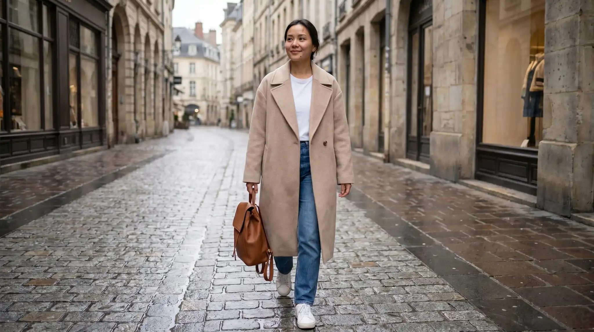 Промт для ии фотосессии девушки в street style: пальто, джинсы, европейская улица