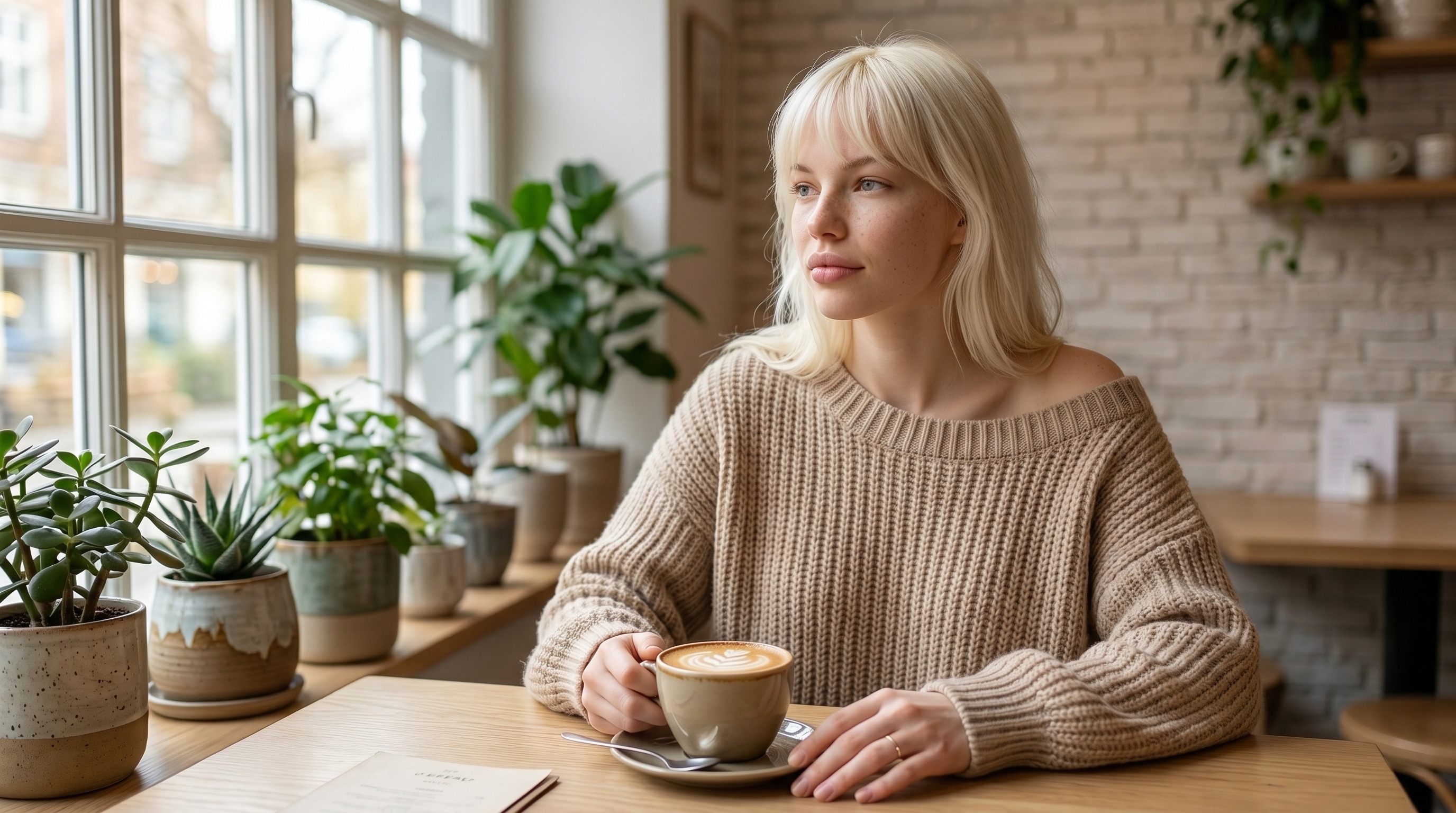 Портрет в кофейне за деревянным столом с чашкой кофе и мягким светом из окна