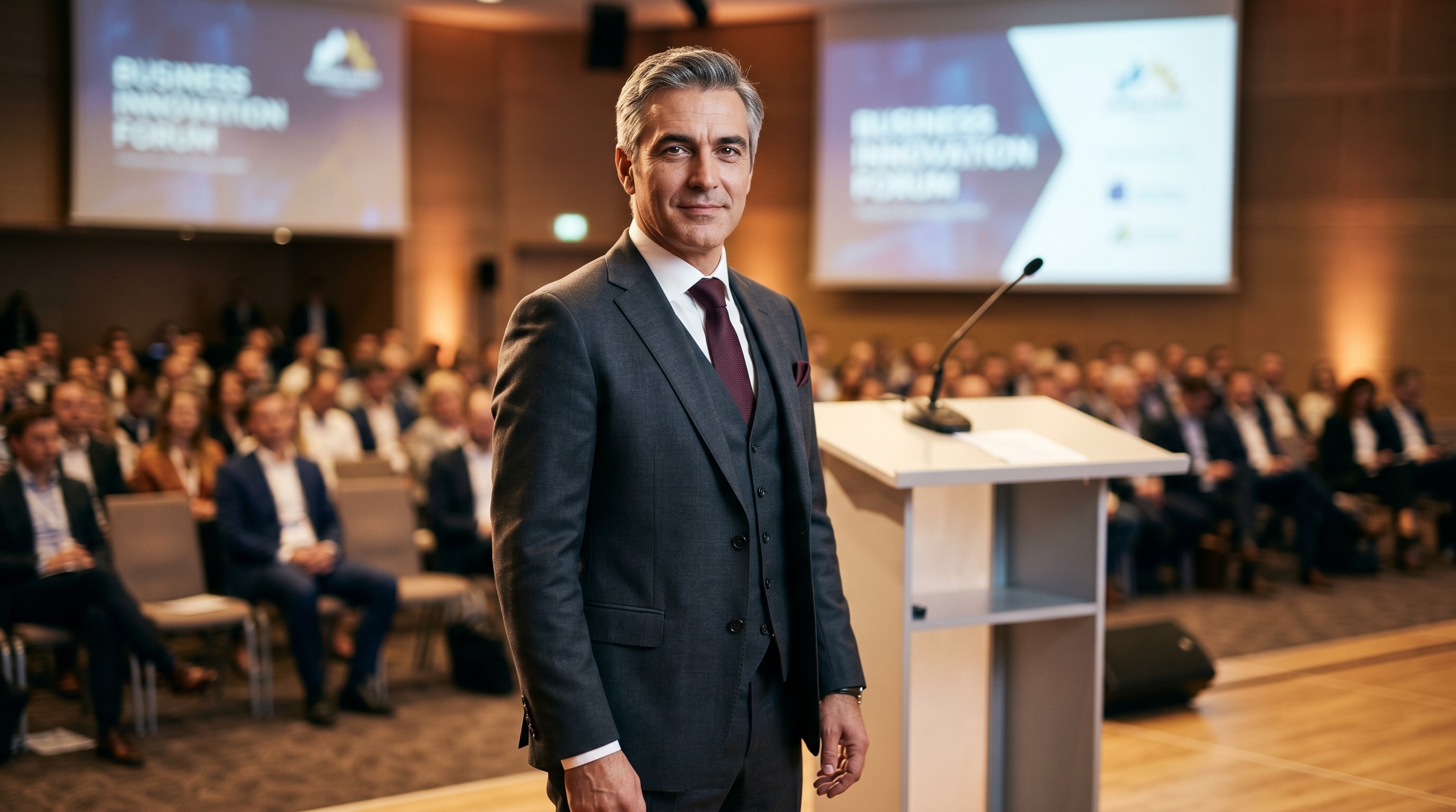 Портрет спикера на фоне конференц-зала