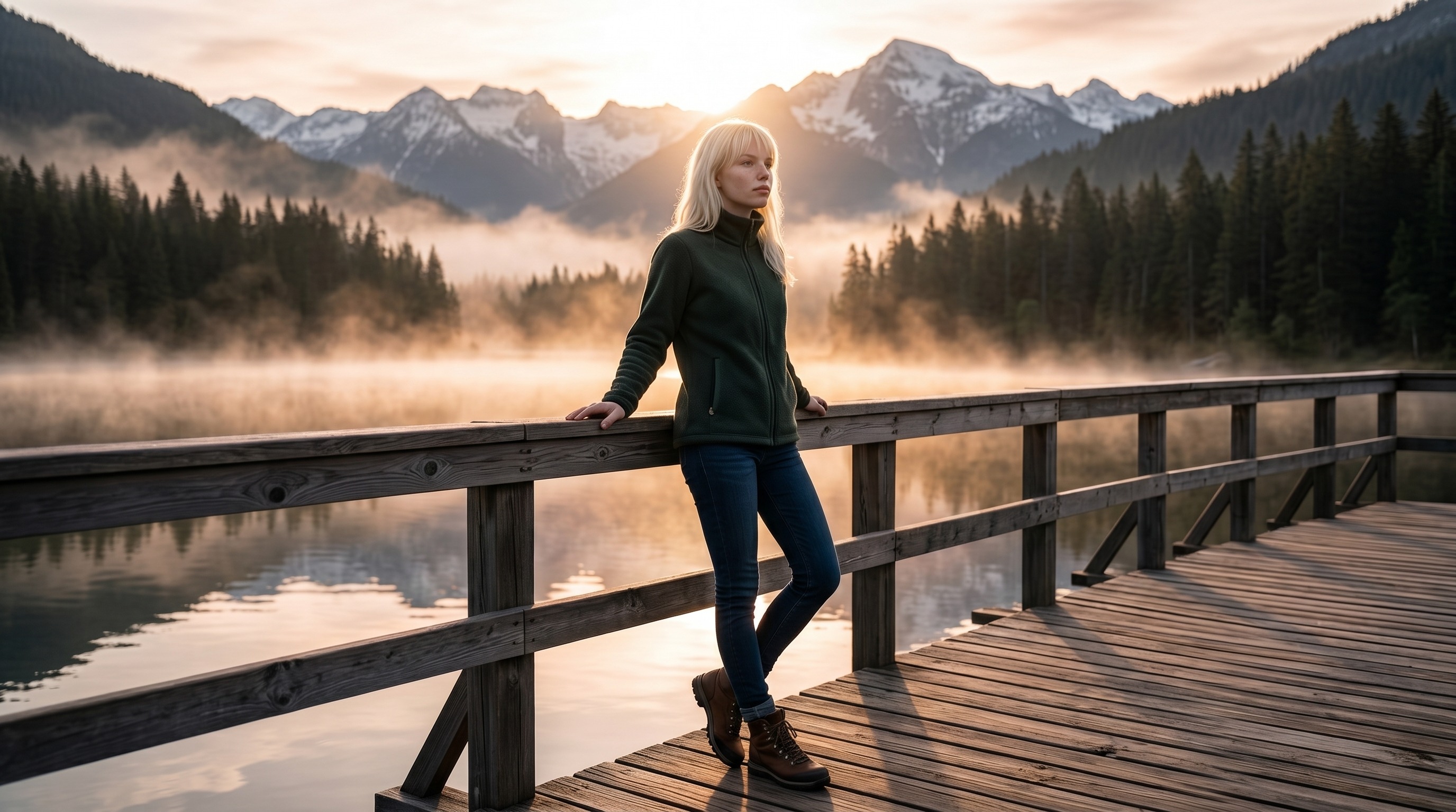 Портрет на деревянном причале у горного озера с утренним туманом и контровым светом