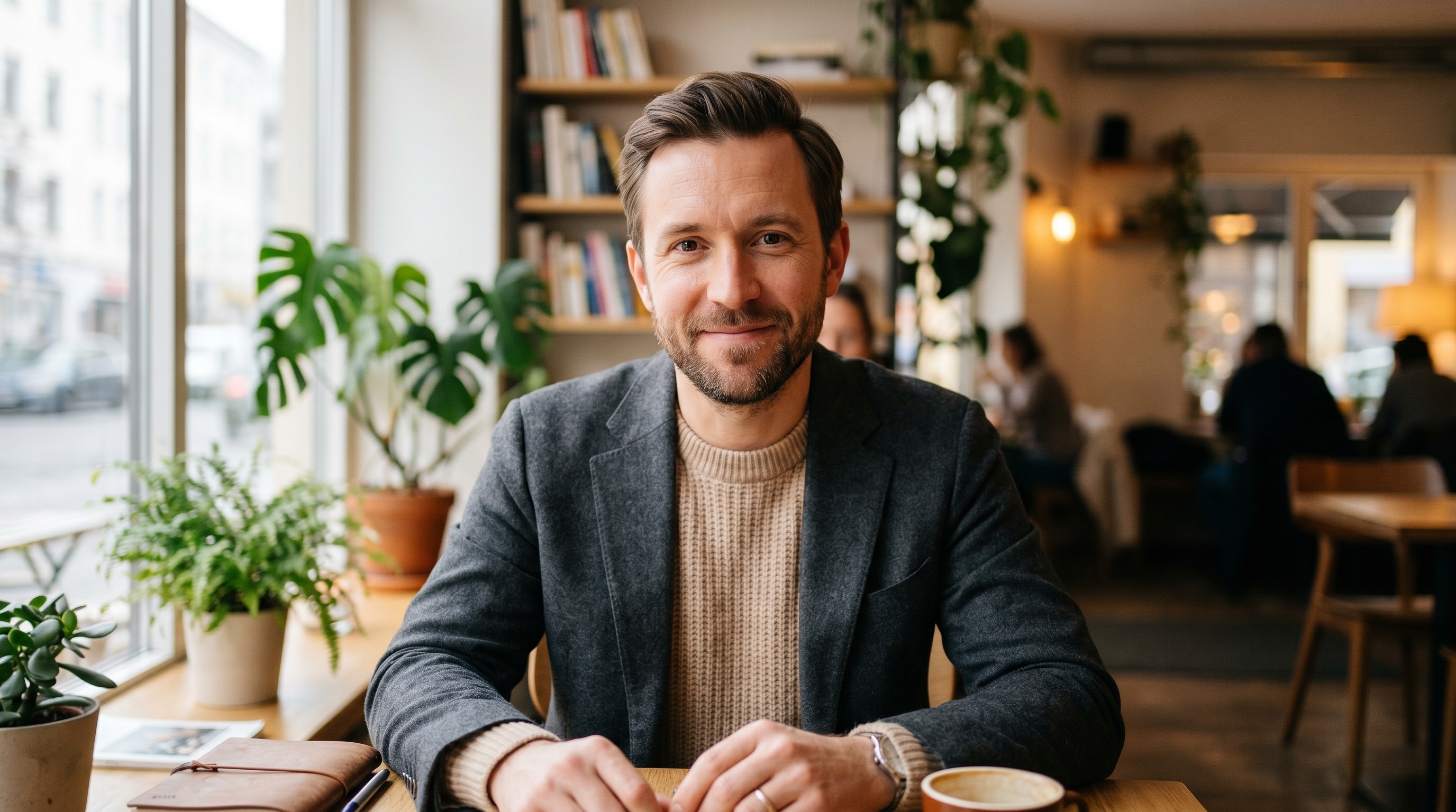 Портрет эксперта в уютном кафе с естественным светом