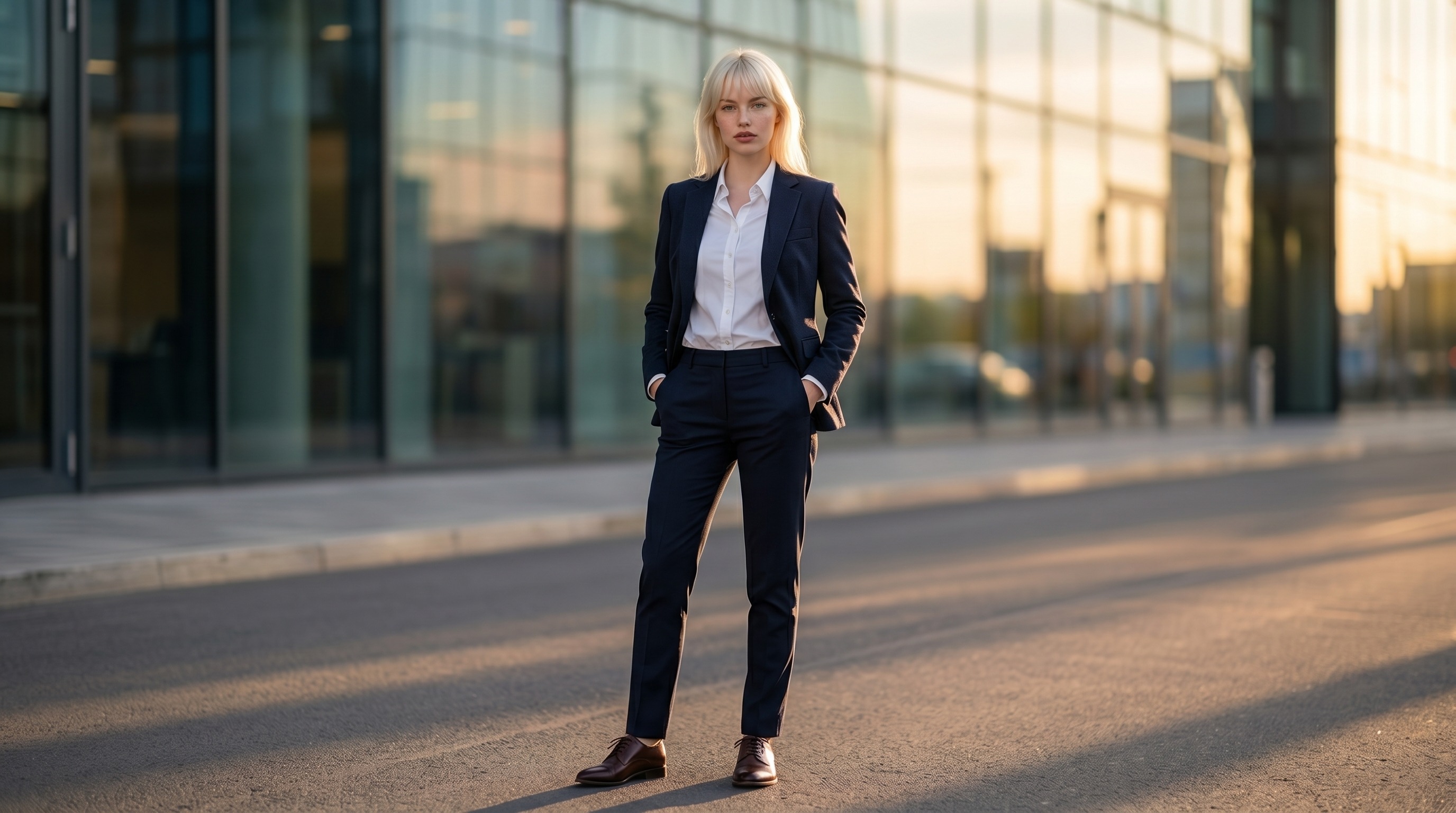 Деловой портрет на фоне стеклянного бизнес-центра в лучах золотого часа