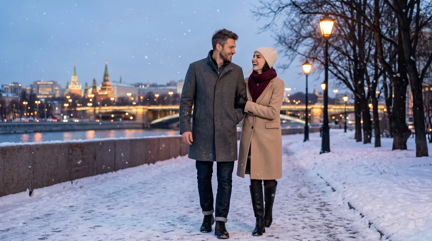 Love story парная ИИ фотосессия на зимней набережной в сумерках